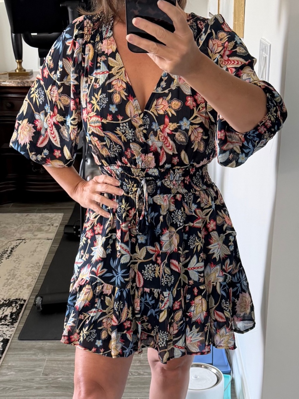 Elan Blue Floral Long Sleeve Smocked Waist V Neck Boho Mini Dress Small S NWOT!